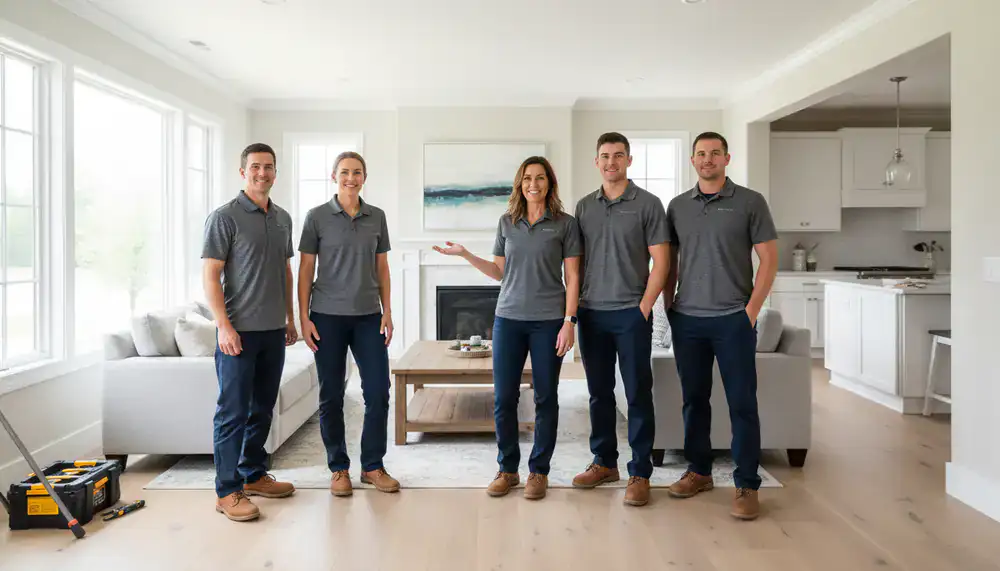 Woxandri HomeWorks team standing confidently inside a newly renovated home