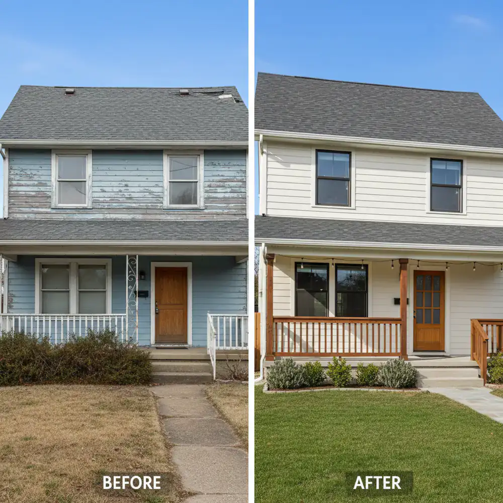 Before and after transformation of a home exterior renovation