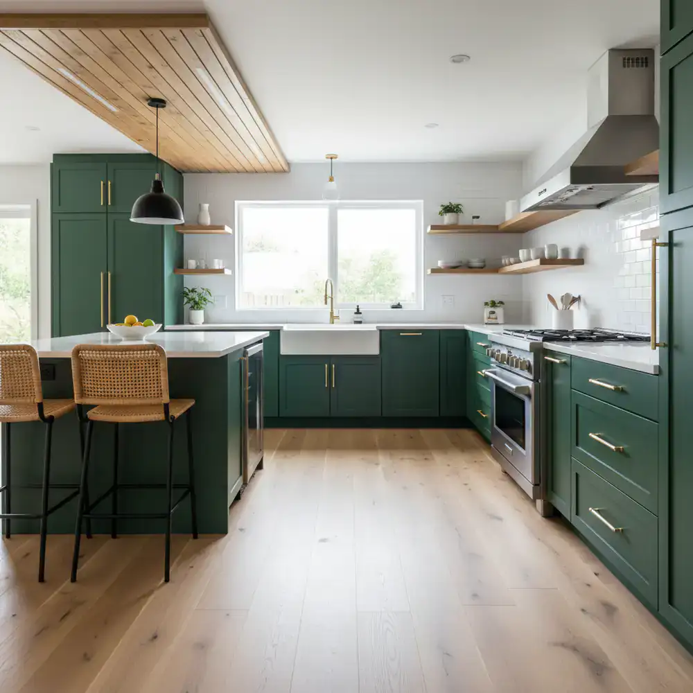 Modern kitchen renovation highlighting new floors and painted cabinets