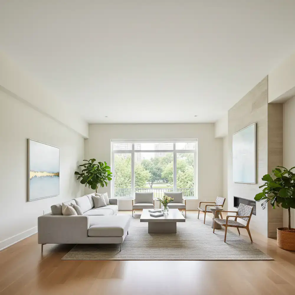 Spacious living room featuring flawless ceiling paint and smooth finishes