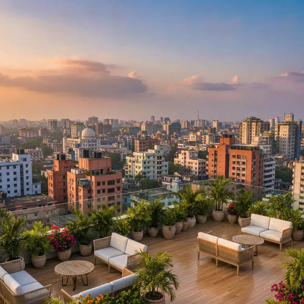 Restored rooftop terrace overlooking the Dhaka city skyline