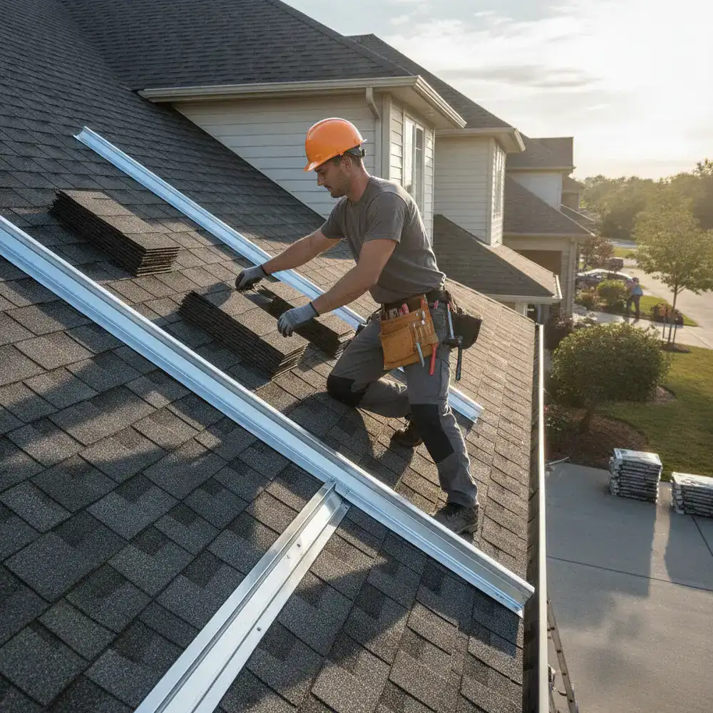 Contractor repairing a residential roof with durable roofing materials